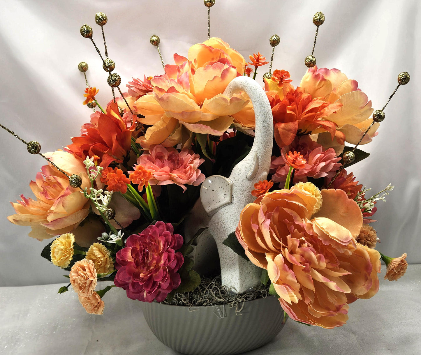 Celebrate the Majestic Elephant Flower Centerpiece/2 options/Modern or Nostalgic Elephant Design/Orange/Yellow or Coffee/Tan Flowers/Greens