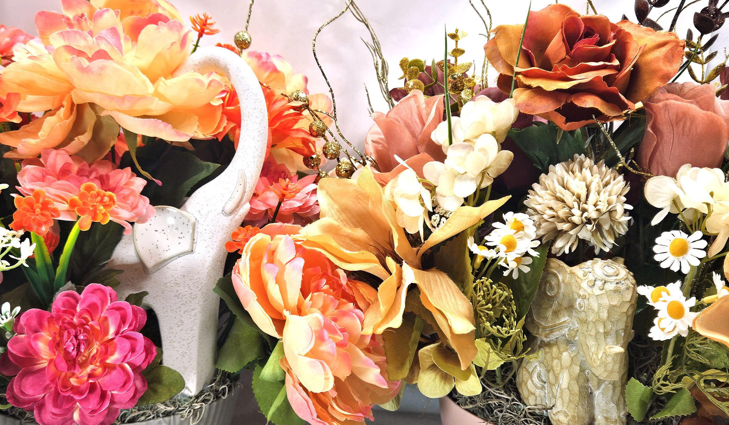 Celebrate the Majestic Elephant Flower Centerpiece/2 options/Modern or Nostalgic Elephant Design/Orange/Yellow or Coffee/Tan Flowers/Greens
