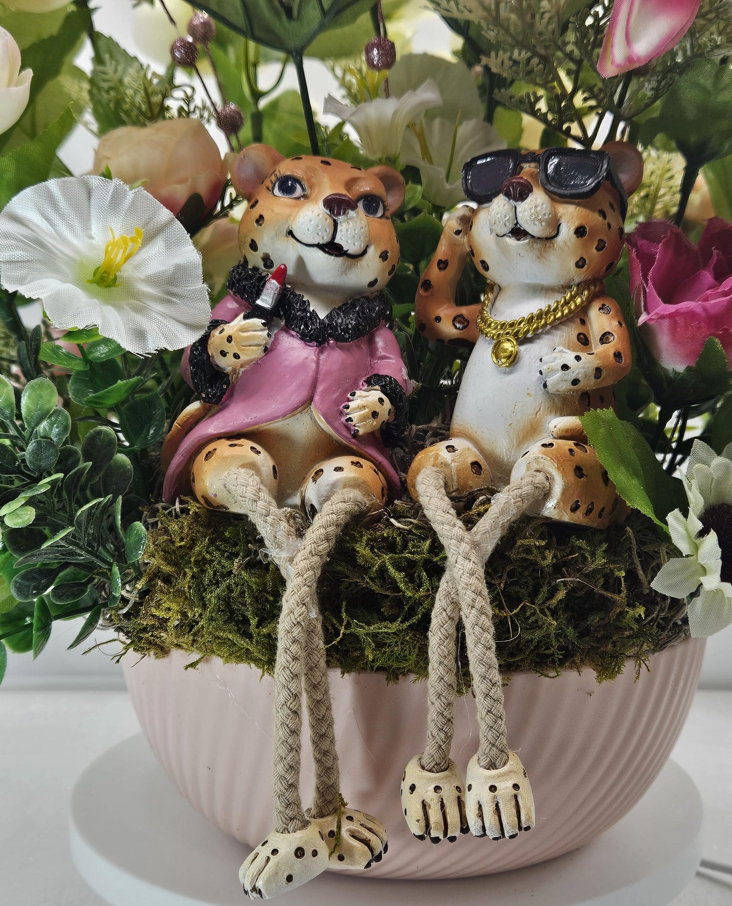 Chetah Couple in Pink/White/Yellow Flower Bouquet/Cosmos/Dahlias/Ranunculus/Daisies/Petunias/Greens/Other Flowers/Nature/Cheetah Lover Gift