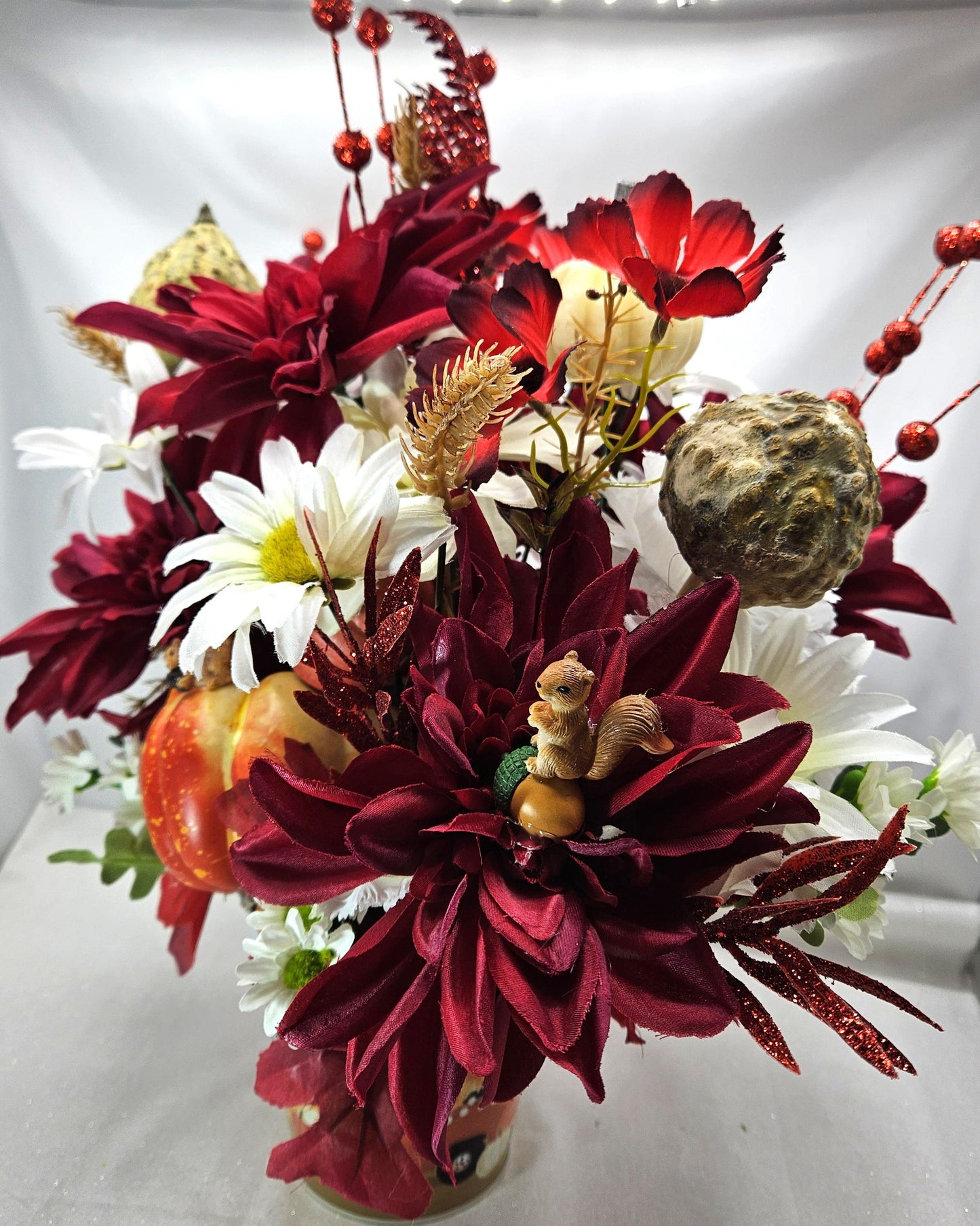 Autumn is Calling Tin Filled with Red and White Mums/Fall Flowers, Large Pumpkin, Great Fall Centerpiece Home/Office Decor, Party Fall Gift