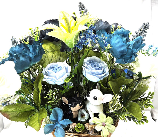 Chihuahua Dog Floral Centerpiuece/Chihuahua Duo/Wooden Dogs/White Chi and Black/Tan Chi/Light/Dark Blue Florals/Green/White Flowers/Greenery