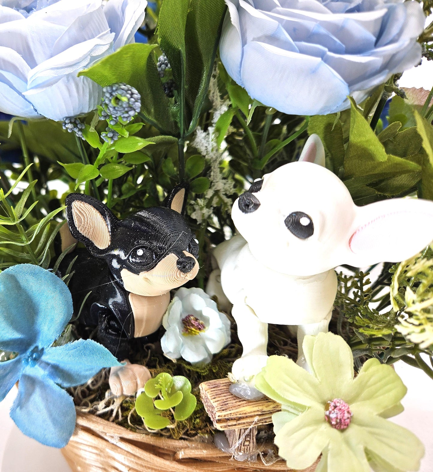 Chihuahua Dog Floral Centerpiuece/Chihuahua Duo/Wooden Dogs/White Chi and Black/Tan Chi/Light/Dark Blue Florals/Green/White Flowers/Greenery
