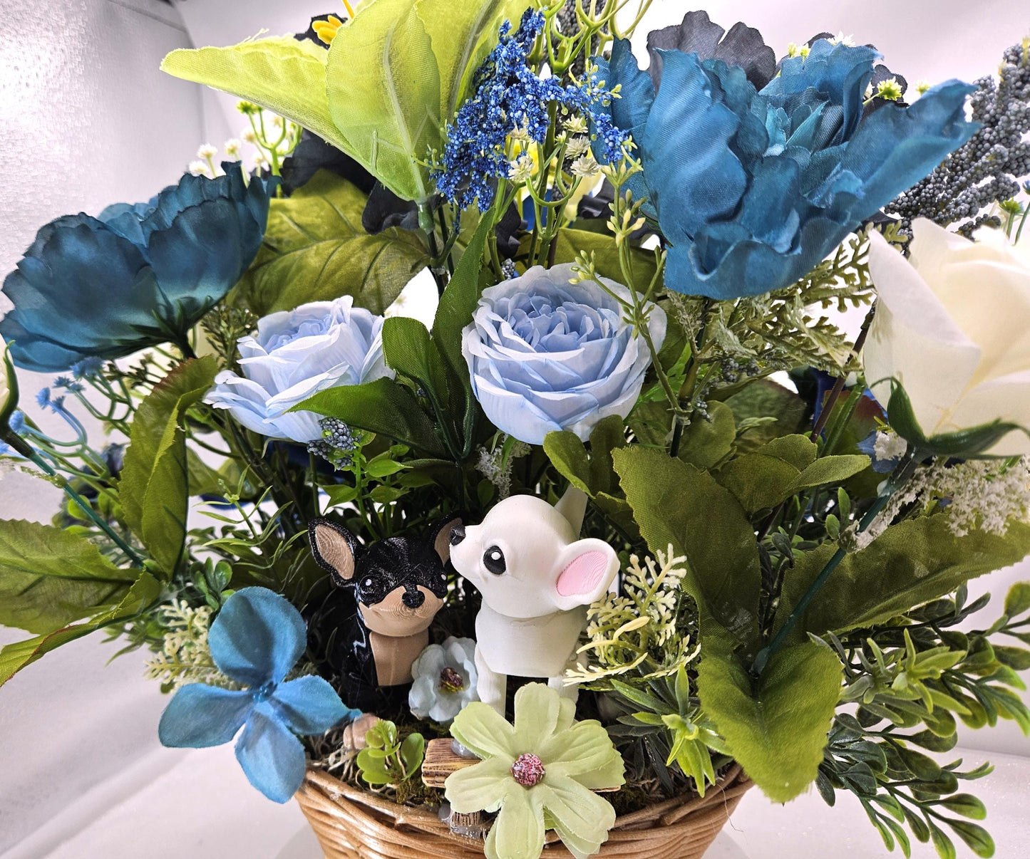 Chihuahua Dog Floral Centerpiuece/Chihuahua Duo/Wooden Dogs/White Chi and Black/Tan Chi/Light/Dark Blue Florals/Green/White Flowers/Greenery