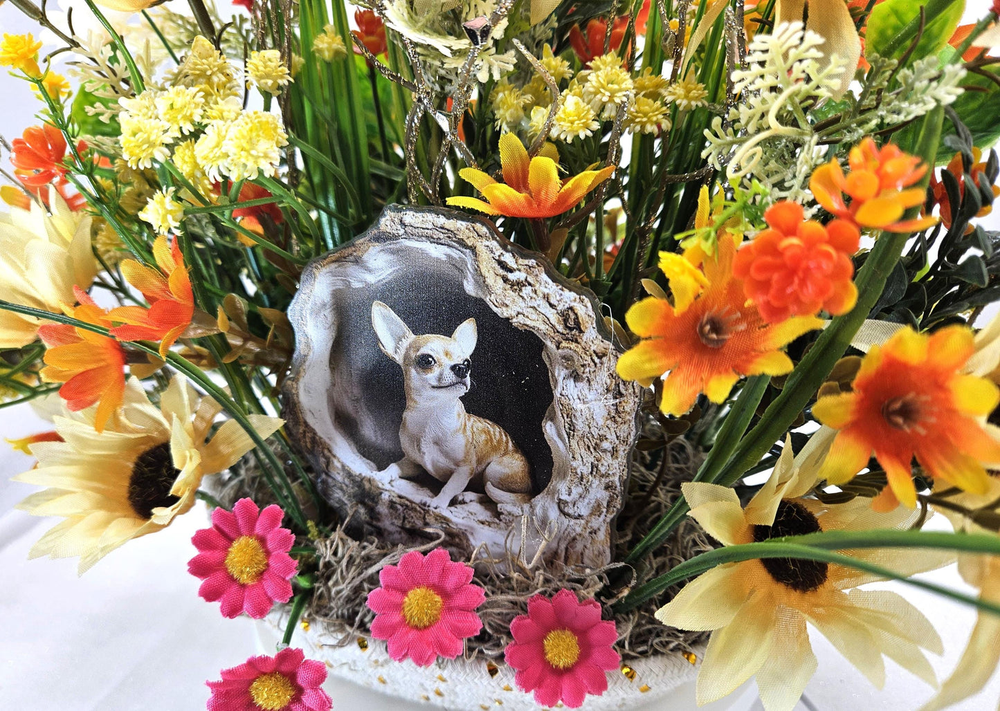 Chihuahua Lover Centerpiece Set in Gold Specked Woven Basket/Acrylic Dog Accent at Front of Autumn/Fall Sunflowers/Gold Glitter Spikes