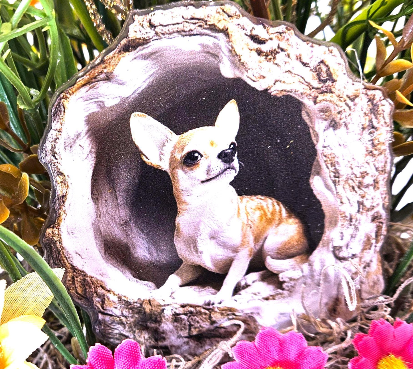 Chihuahua Lover Centerpiece Set in Gold Specked Woven Basket/Acrylic Dog Accent at Front of Autumn/Fall Sunflowers/Gold Glitter Spikes