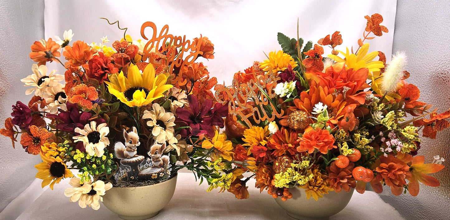 Beautiful Autumn Fall Artificial Flower Arrangements, 2 Options, Pumpkins, Glitter, Wheat Sprays and One has a tiny Hampster on the Pumpkin