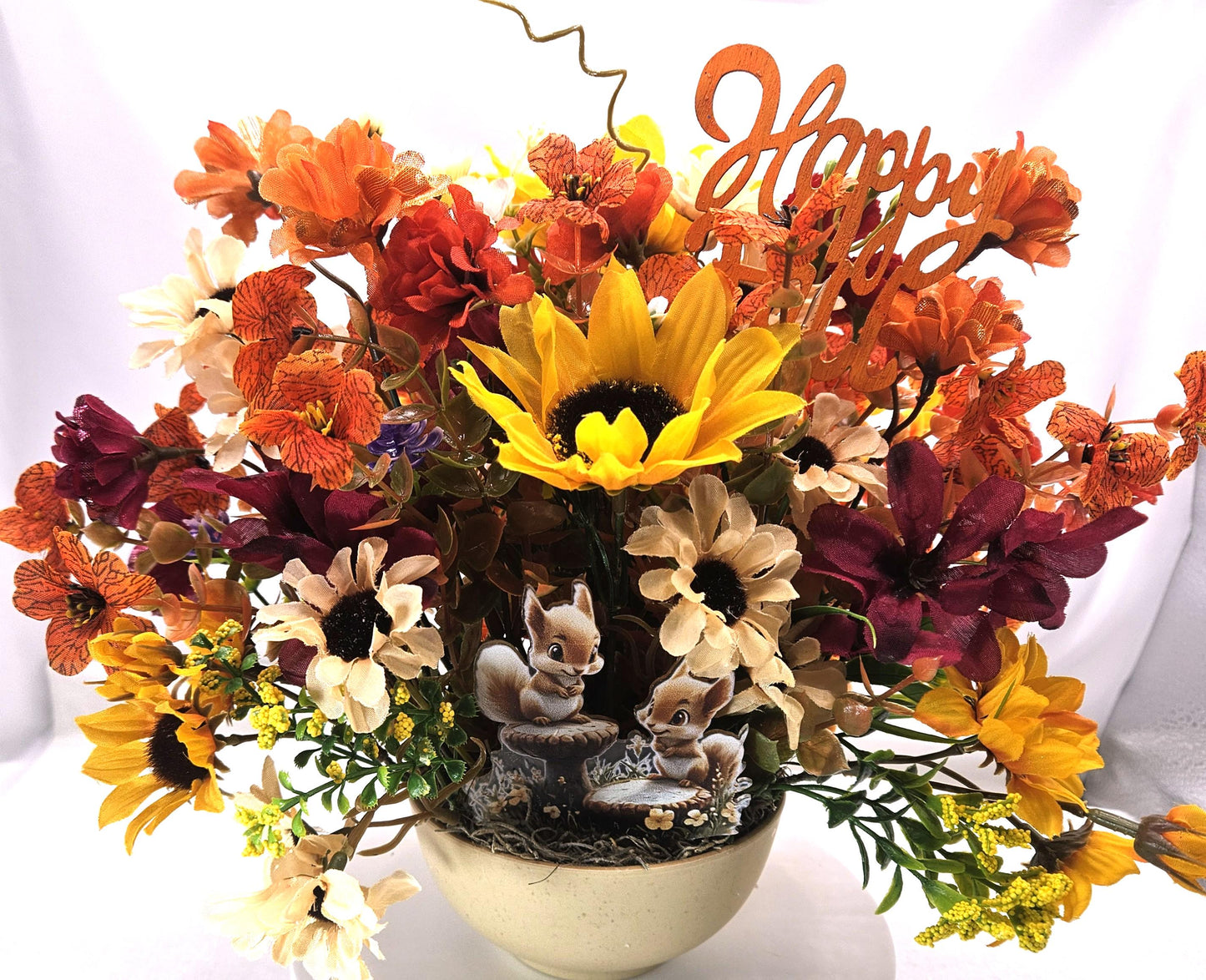 Beautiful Autumn Fall Artificial Flower Arrangements, 2 Options, Pumpkins, Glitter, Wheat Sprays and One has a tiny Hampster on the Pumpkin