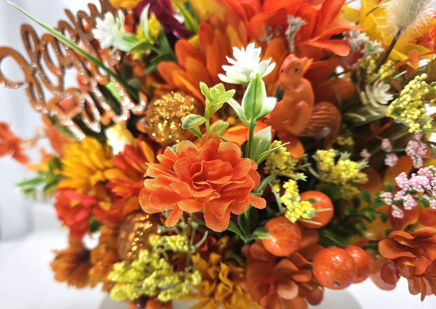 Beautiful Autumn Fall Artificial Flower Arrangements, 2 Options, Pumpkins, Glitter, Wheat Sprays and One has a tiny Hampster on the Pumpkin