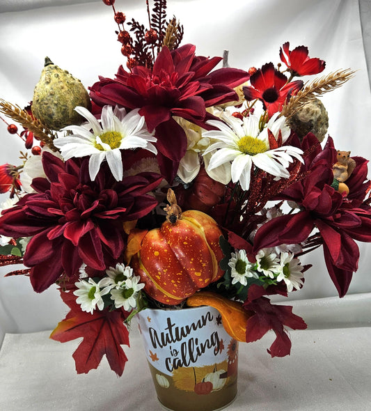 Autumn is Calling Tin Filled with Red and White Mums/Fall Flowers, Large Pumpkin, Great Fall Centerpiece Home/Office Decor, Party Fall Gift