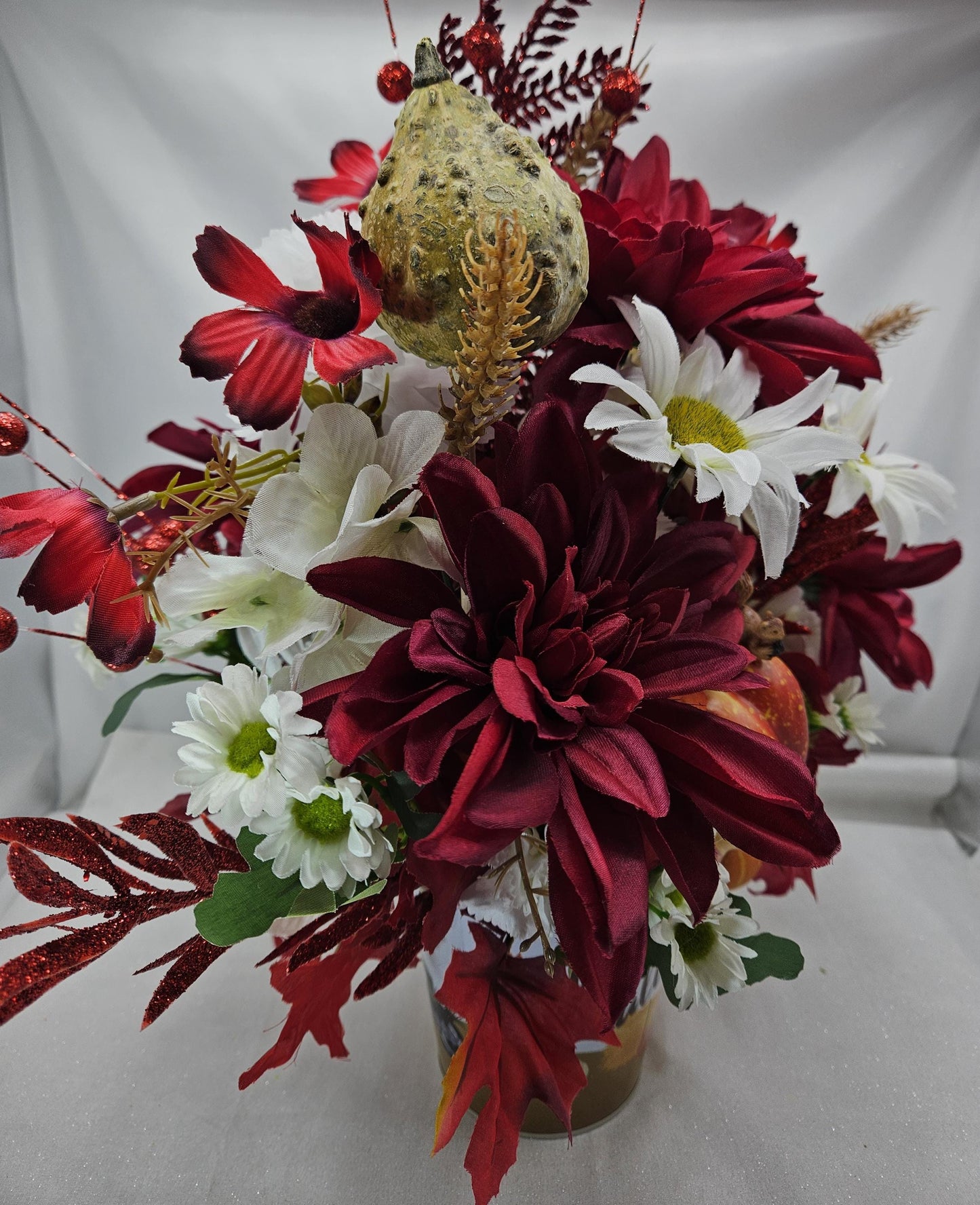 Autumn is Calling Tin Filled with Red and White Mums/Fall Flowers, Large Pumpkin, Great Fall Centerpiece Home/Office Decor, Party Fall Gift