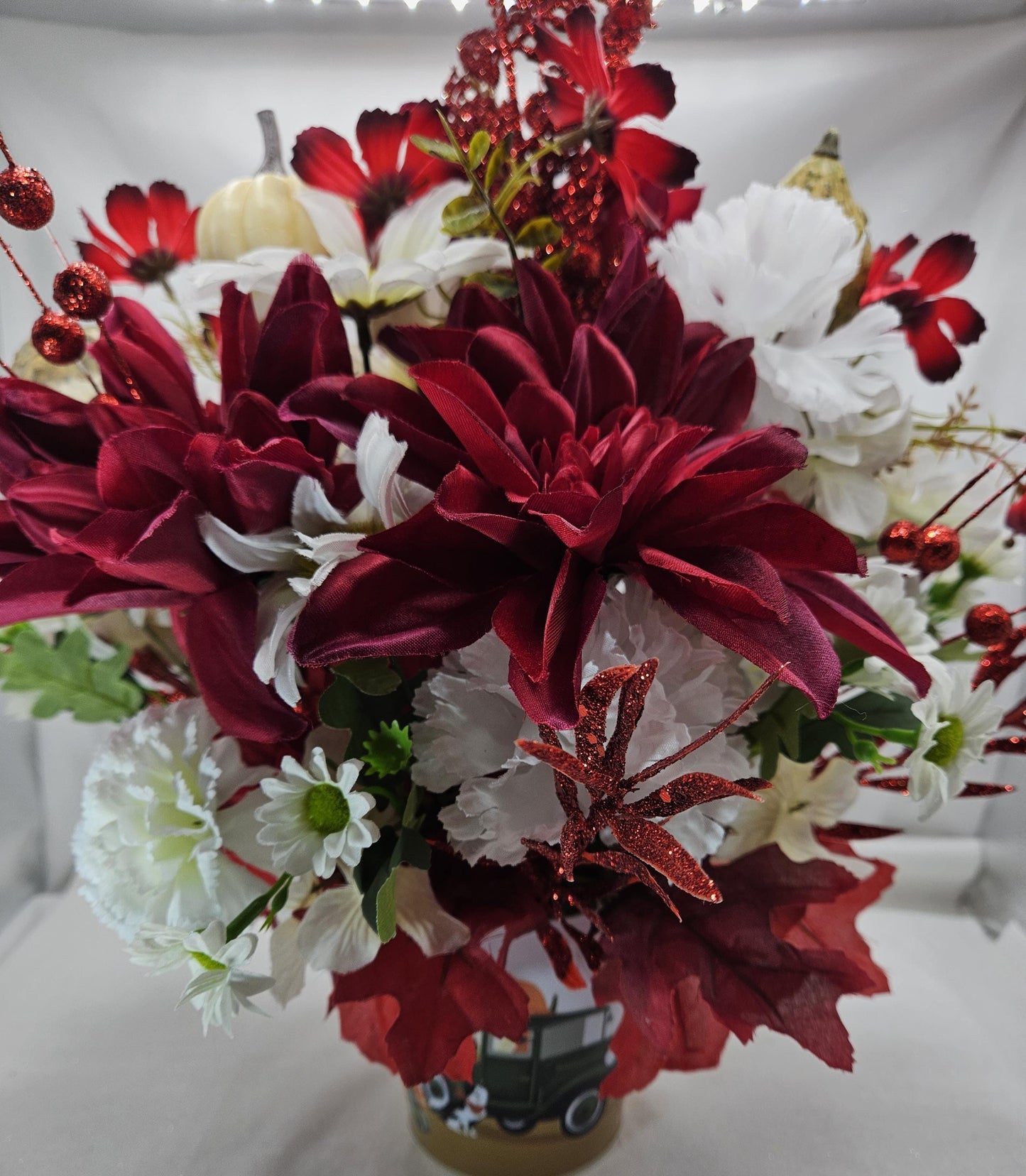 Autumn is Calling Tin Filled with Red and White Mums/Fall Flowers, Large Pumpkin, Great Fall Centerpiece Home/Office Decor, Party Fall Gift