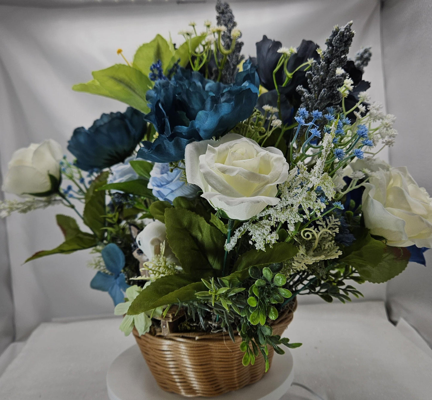 Chihuahua Dog Floral Centerpiuece/Chihuahua Duo/Wooden Dogs/White Chi and Black/Tan Chi/Light/Dark Blue Florals/Green/White Flowers/Greenery