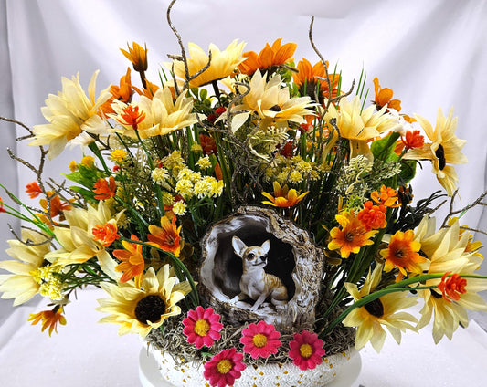 Chihuahua Lover Centerpiece Set in Gold Specked Woven Basket/Acrylic Dog Accent at Front of Autumn/Fall Sunflowers/Gold Glitter Spikes