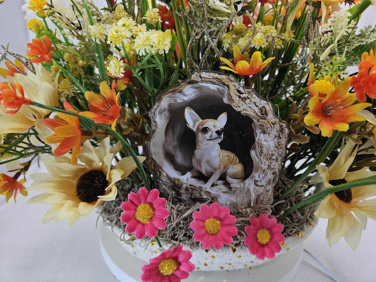 Chihuahua Lover Centerpiece Set in Gold Specked Woven Basket/Acrylic Dog Accent at Front of Autumn/Fall Sunflowers/Gold Glitter Spikes