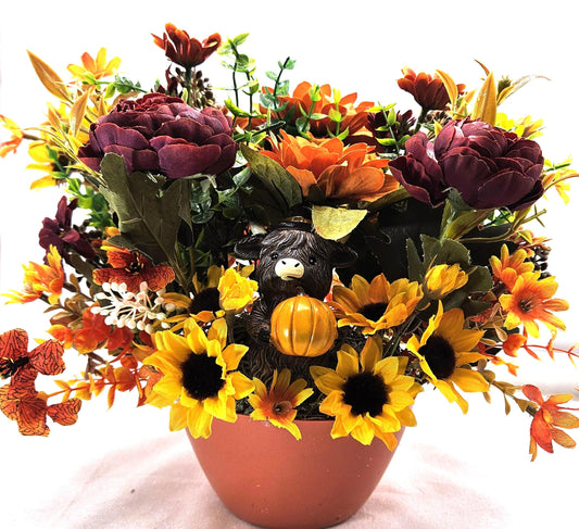 Cheerful Highland Cows Fall Autumn Centerpiece in Orange Bowl, Fall Colored Flowers/Leaves/Pu,pkins/Fall Accents