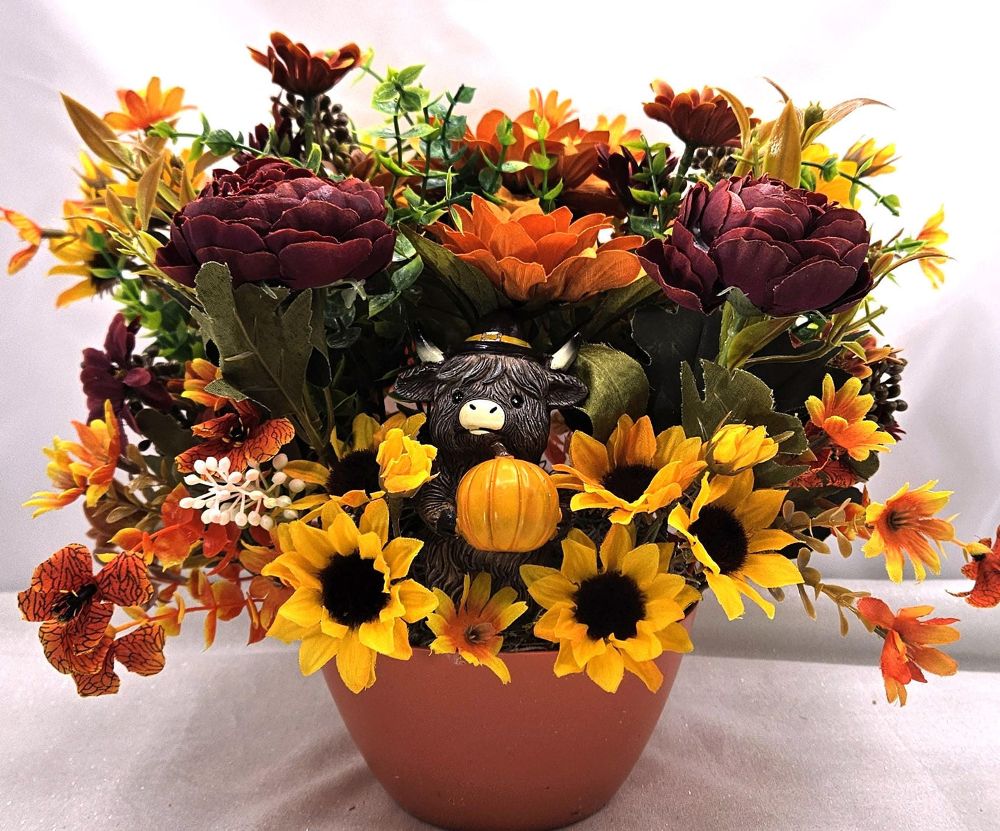 Cheerful Highland Cows Fall Autumn Centerpiece in Orange Bowl, Fall Colored Flowers/Leaves/Pu,pkins/Fall Accents