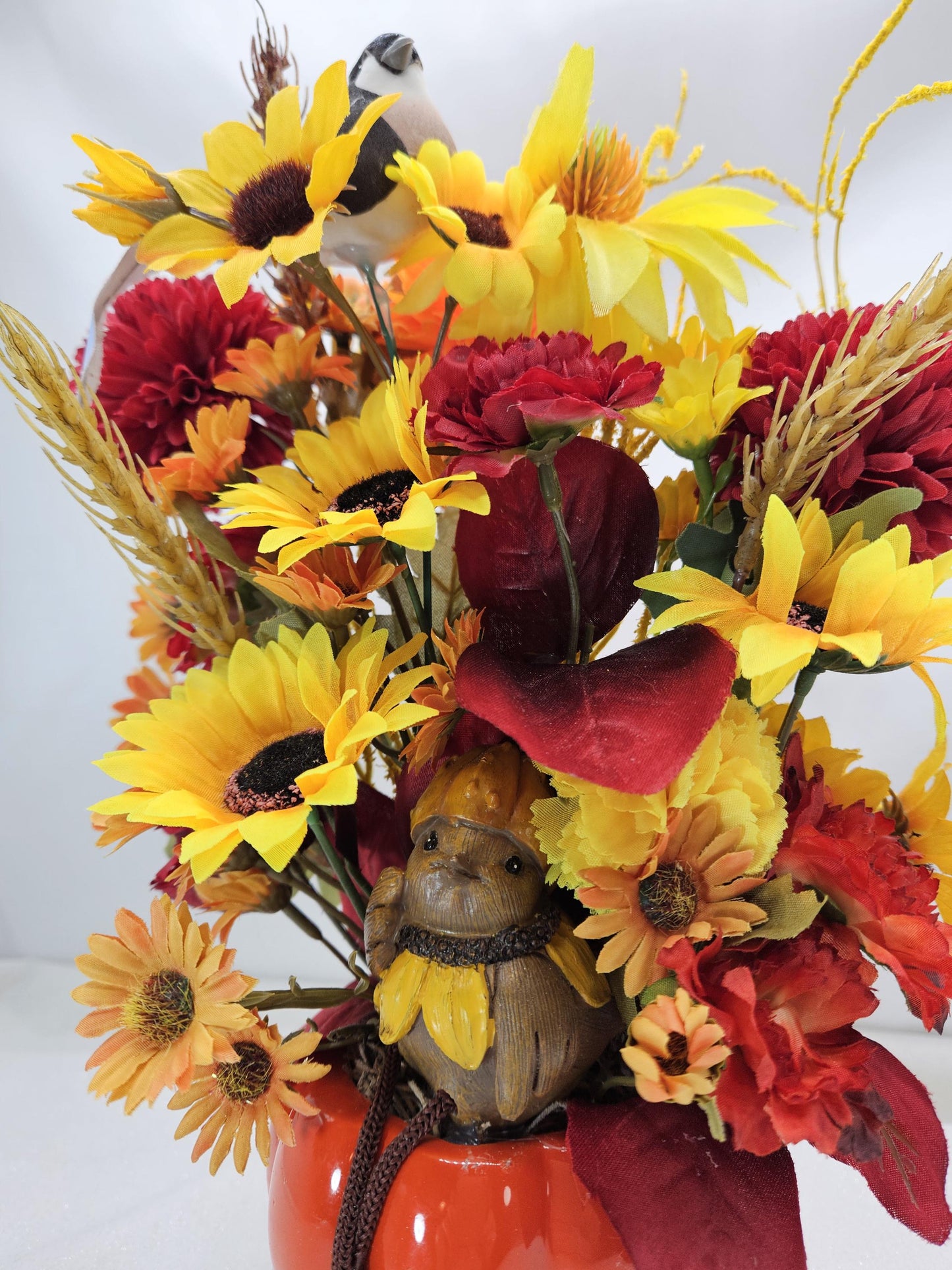 Fall Floral Arrangement with Bird: Ceramic Pumpkin or Acorn Bowl