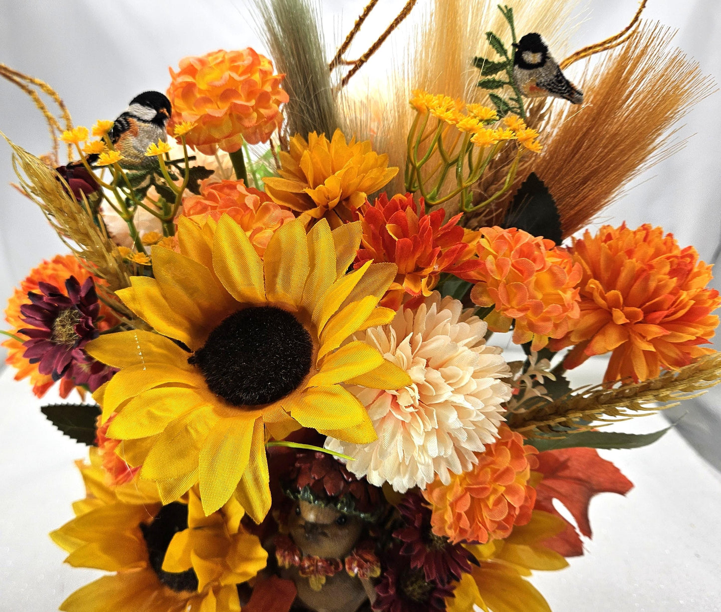 Fall Floral Arrangement with Bird: Ceramic Pumpkin or Acorn Bowl