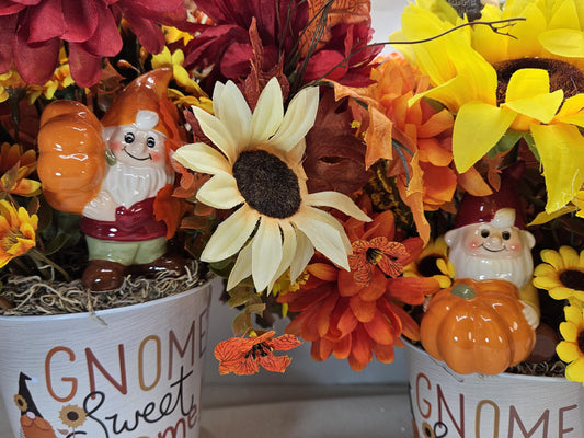 Gnome Fall Floral Arrangement: Sunflowers or Red Mums