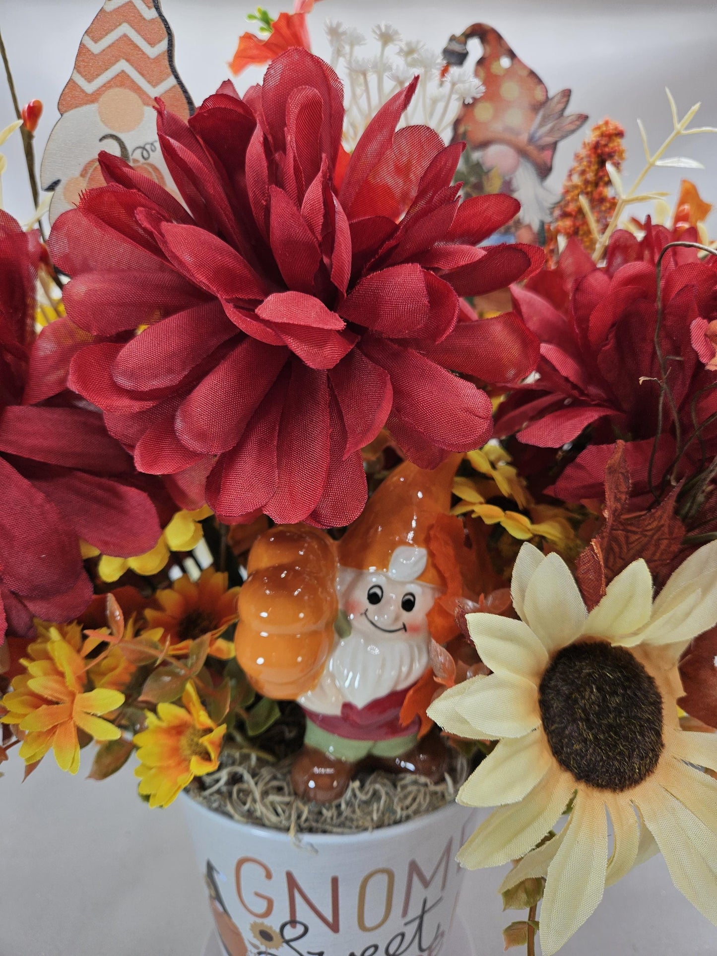 Gnome Fall Floral Arrangement: Sunflowers or Red Mums