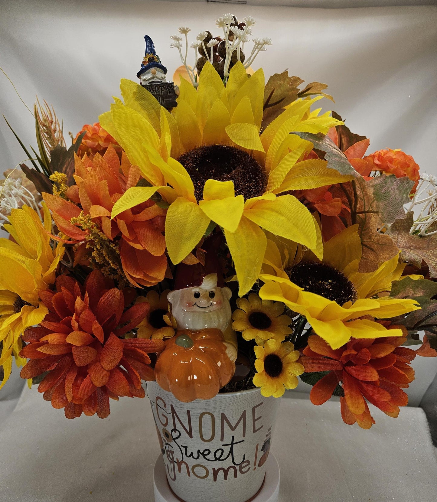 Gnome Fall Floral Arrangement: Sunflowers or Red Mums