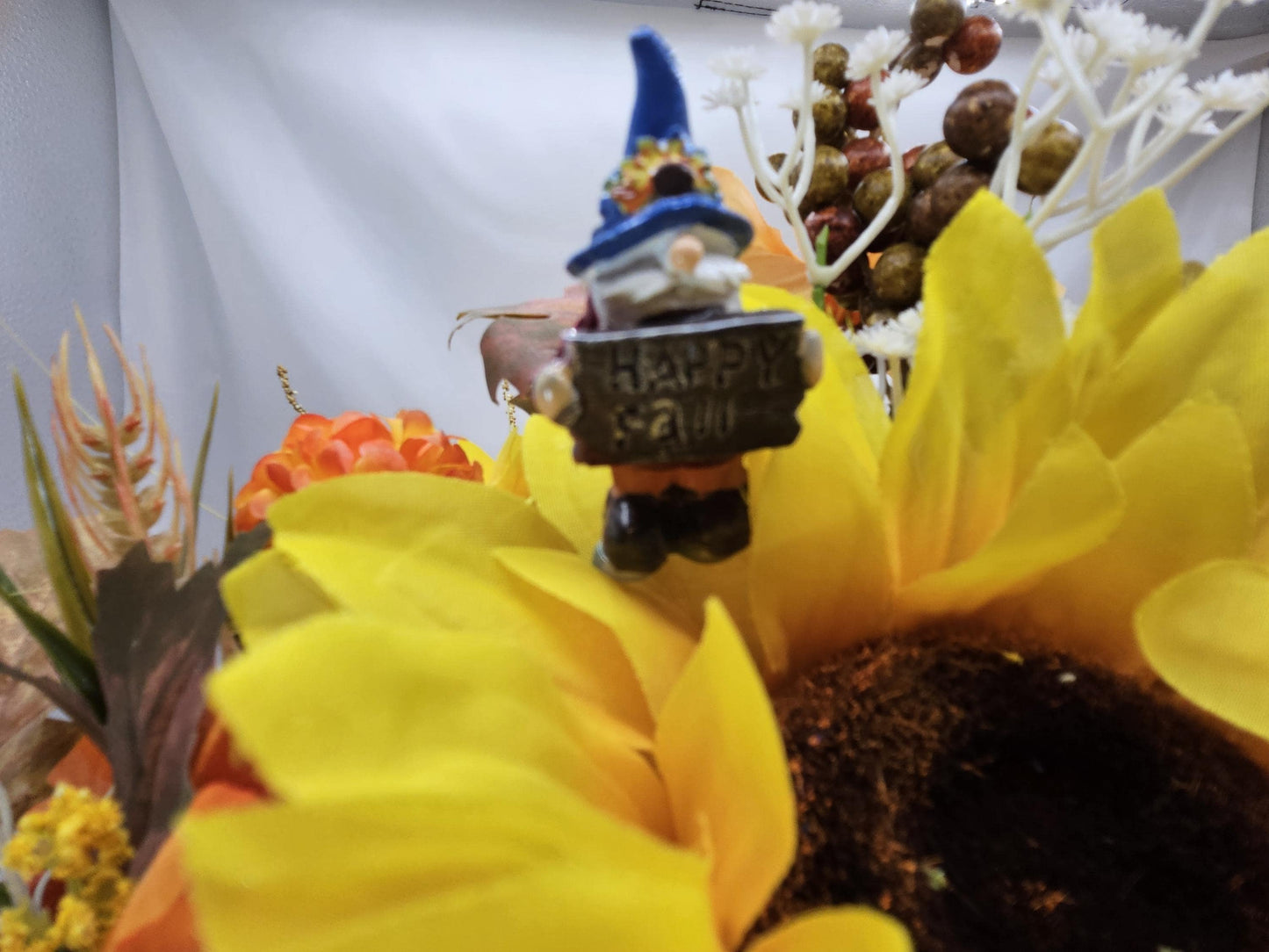 Gnome Fall Floral Arrangement: Sunflowers or Red Mums