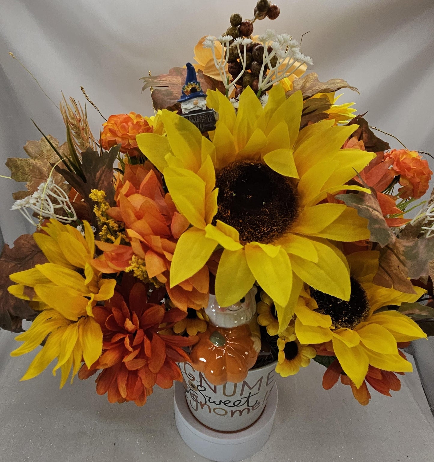Gnome Fall Floral Arrangement: Sunflowers or Red Mums