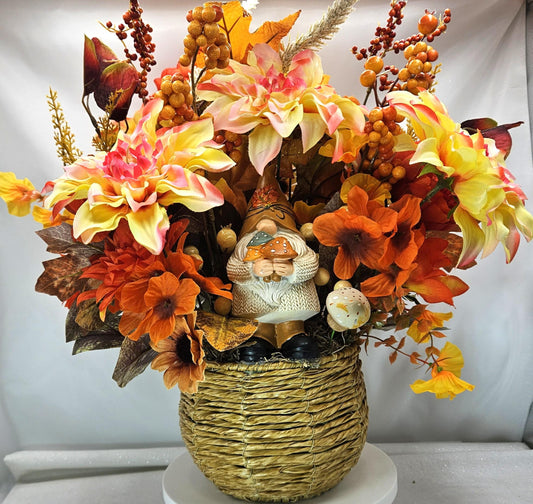 Fall Gnome Centerpiece: Dahlias, Mums & Berries in Wicker Basket