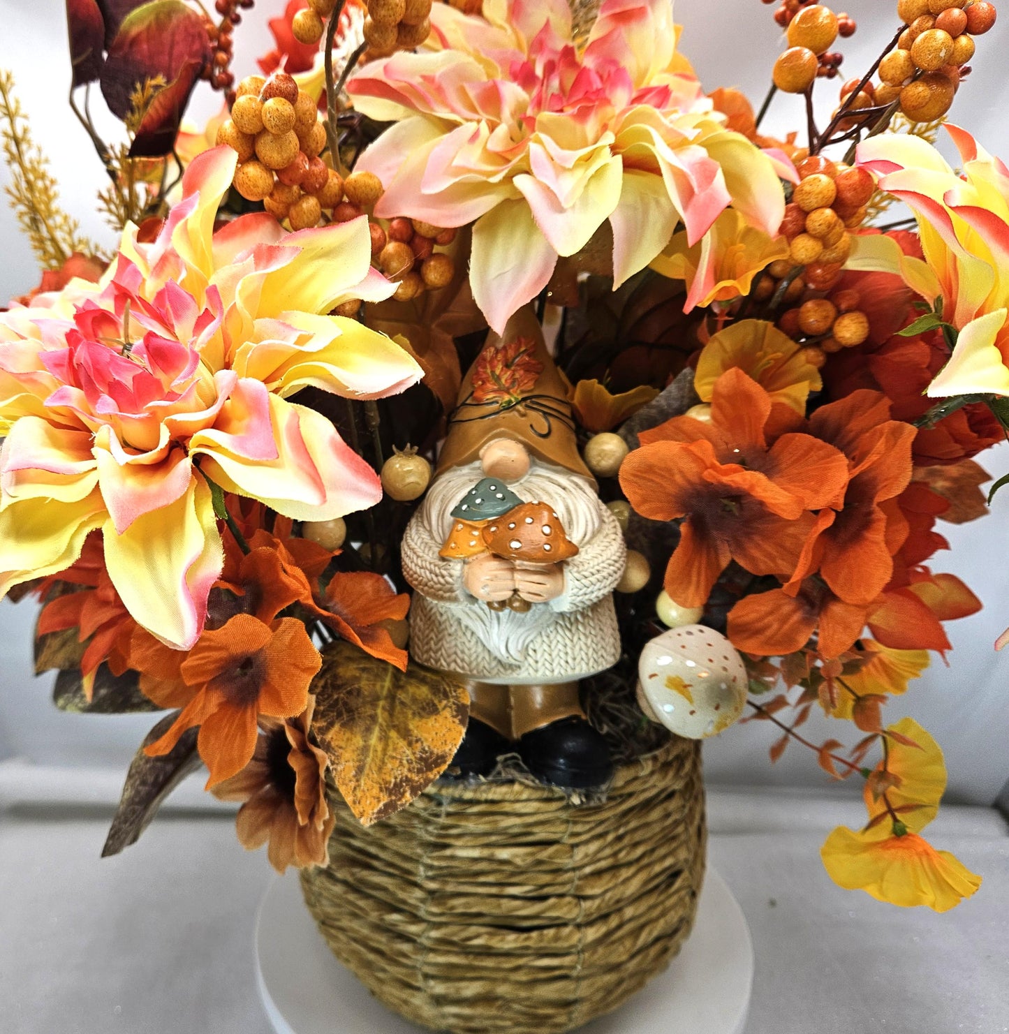 Fall Gnome Centerpiece: Dahlias, Mums & Berries in Wicker Basket