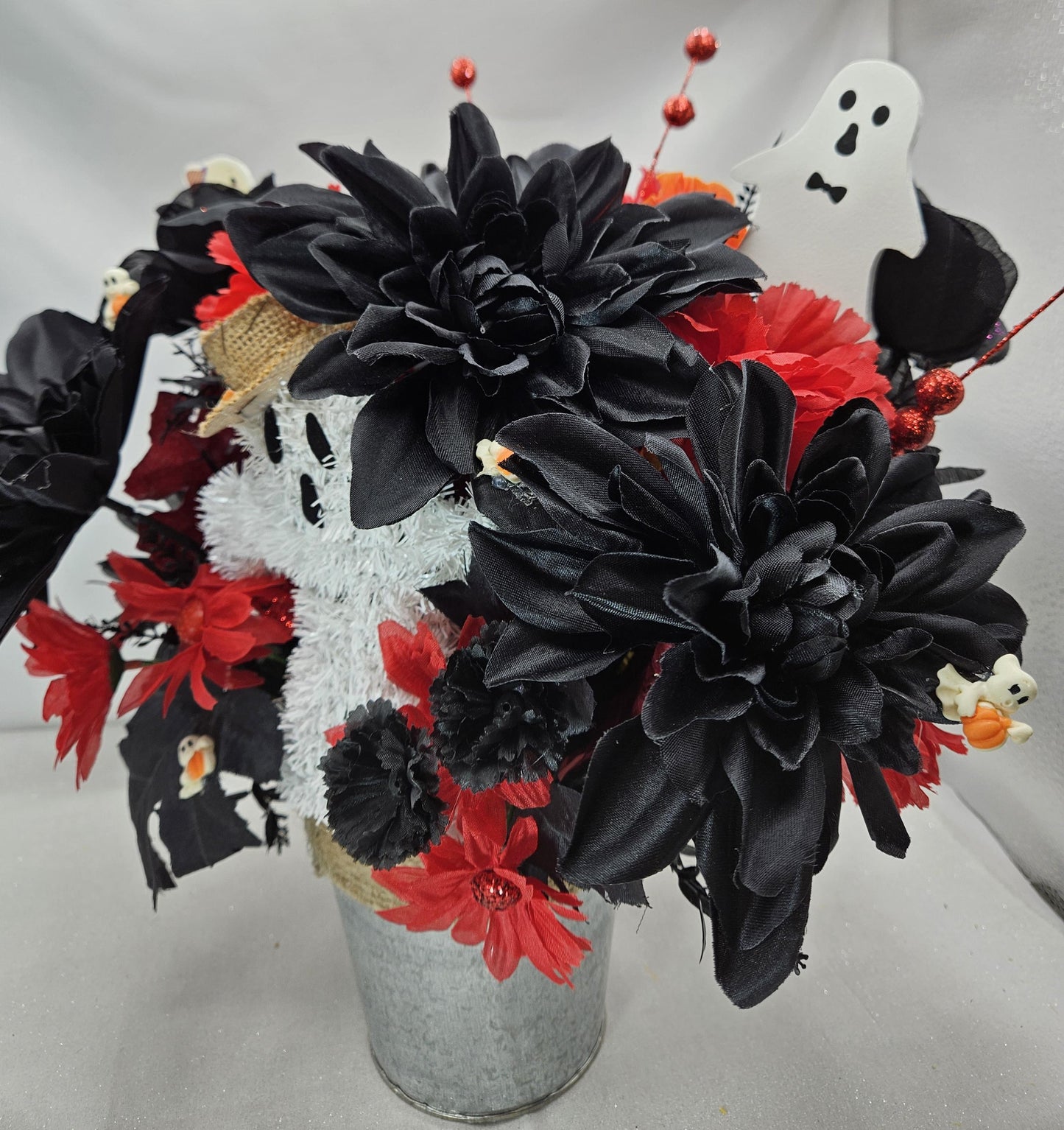 Halloween Floral Arrangement: Ghost, Black Dahlias, Red Daisies in Silver Tin