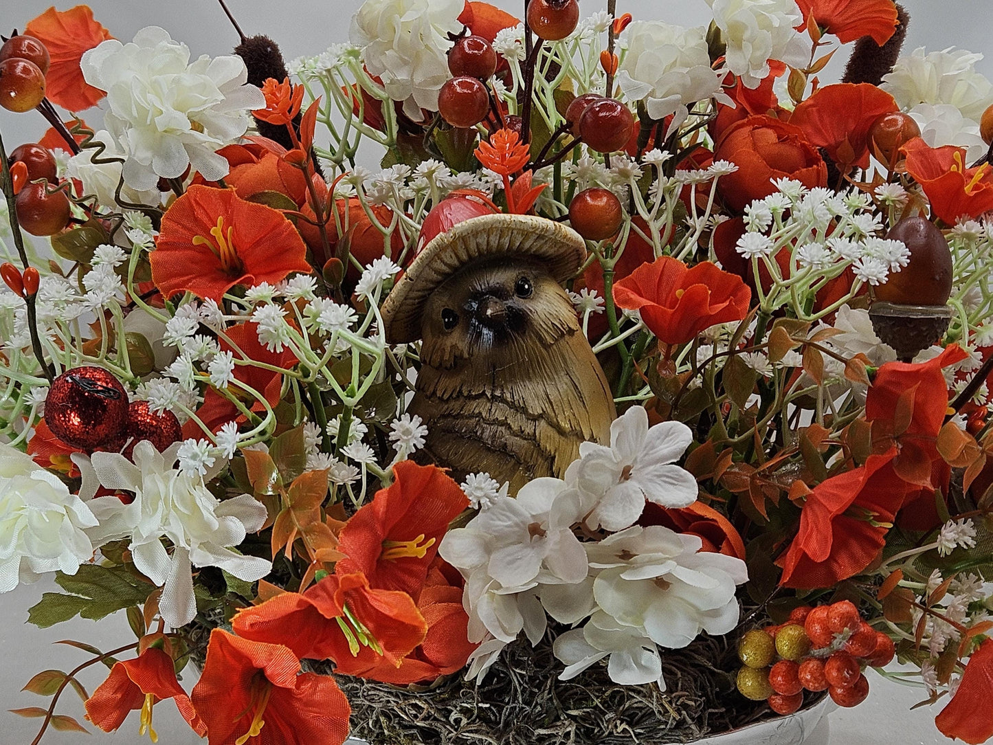 Pumpkin Floral Arrangement: Autumn Bird Garden Centerpiece
