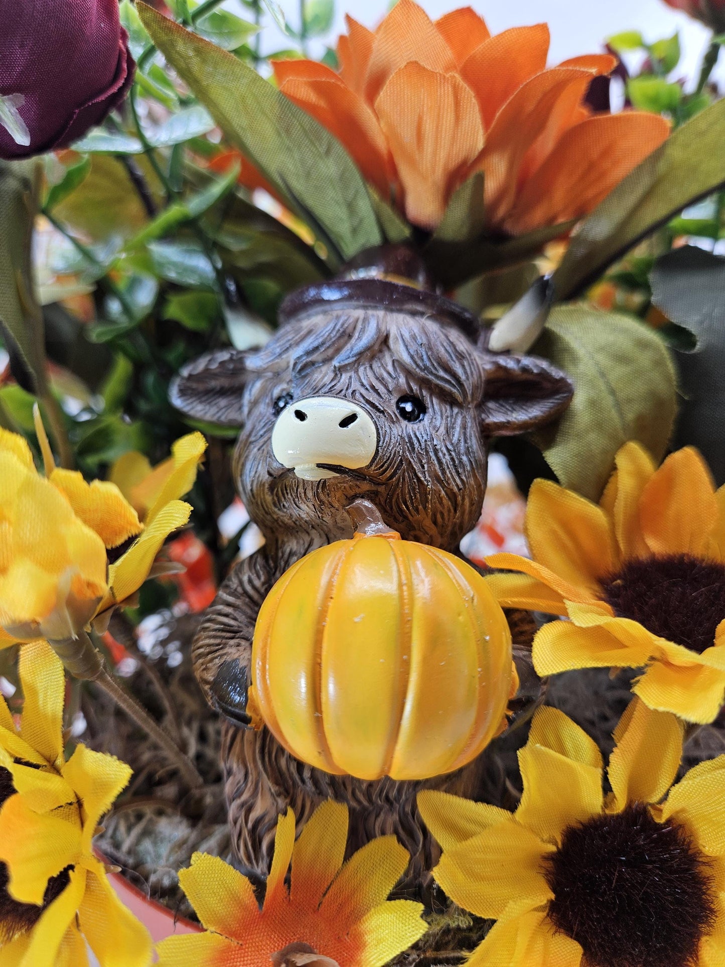 Cheerful Highland Cows Fall Autumn Centerpiece in Orange Bowl, Fall Colored Flowers/Leaves/Pu,pkins/Fall Accents