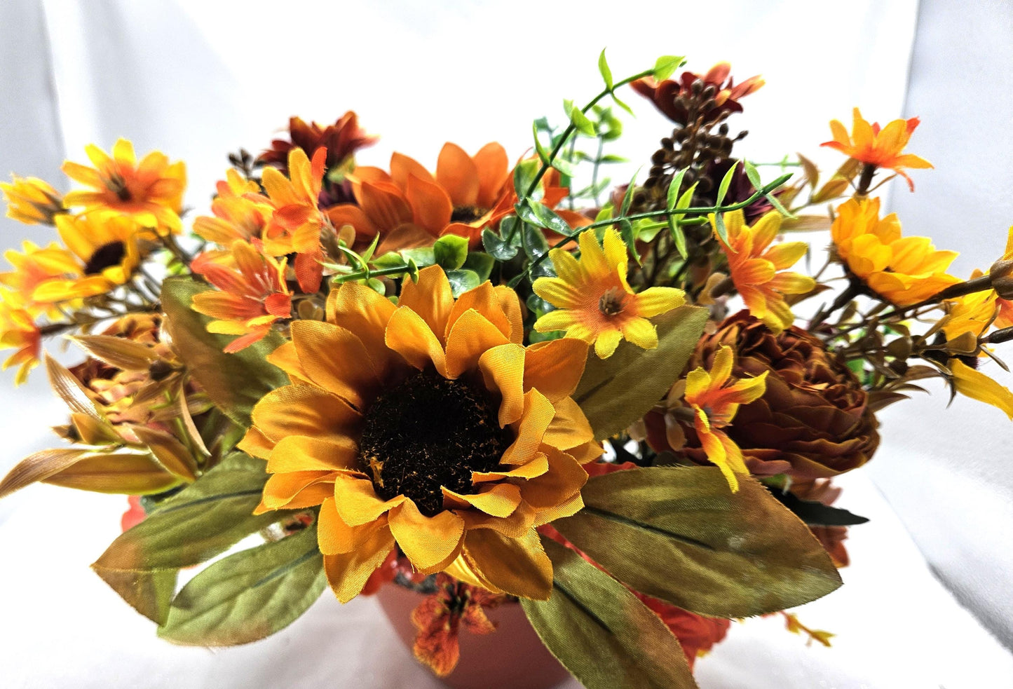 Cheerful Highland Cows Fall Autumn Centerpiece in Orange Bowl, Fall Colored Flowers/Leaves/Pu,pkins/Fall Accents
