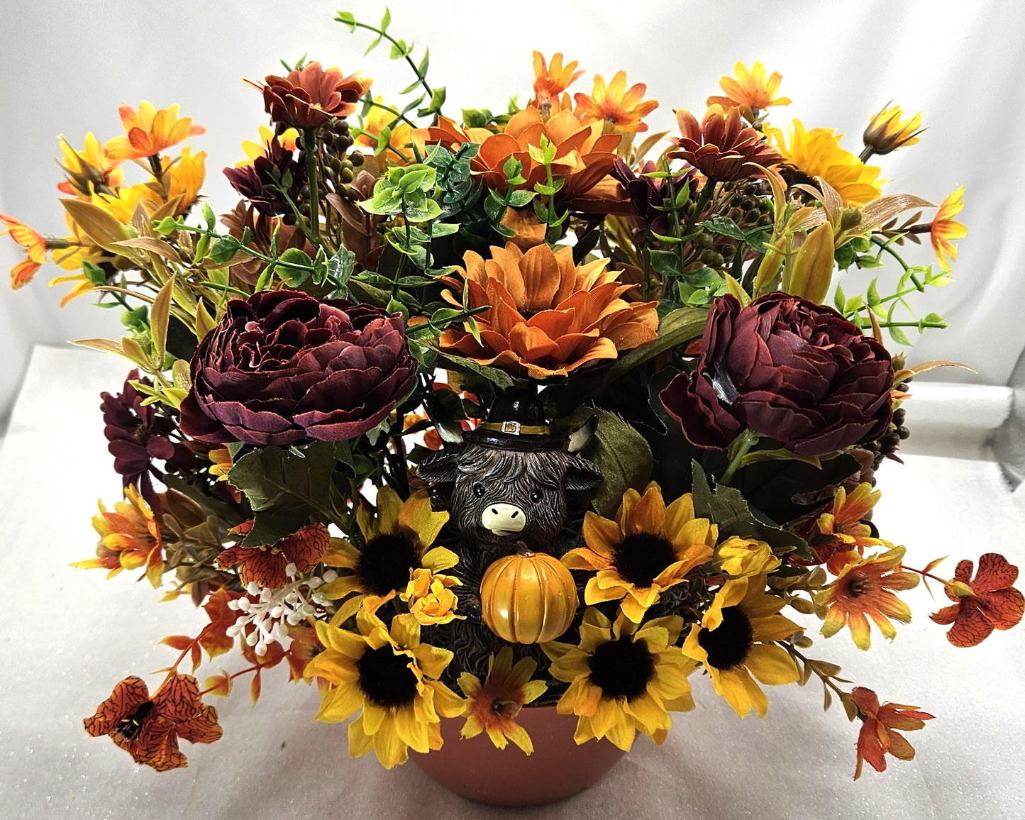 Cheerful Highland Cows Fall Autumn Centerpiece in Orange Bowl, Fall Colored Flowers/Leaves/Pu,pkins/Fall Accents