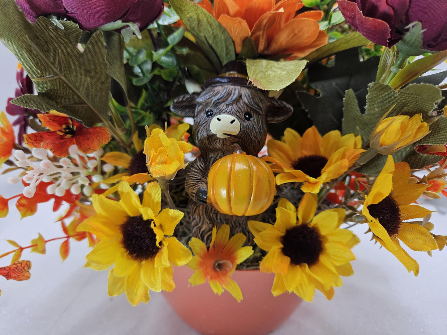 Cheerful Highland Cows Fall Autumn Centerpiece in Orange Bowl, Fall Colored Flowers/Leaves/Pu,pkins/Fall Accents