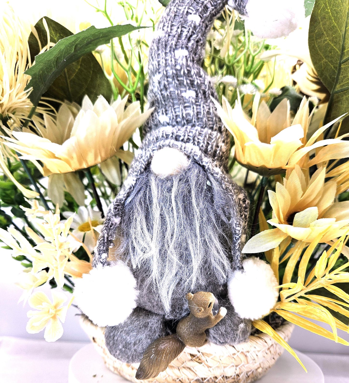 Cheerful Gray Gnome Sitting in Fall Garden of White Spider Mums/Sunflowers/Daisies/Pumpkinsa/Fall Leaves/Other Fall Accents/Woven Basket