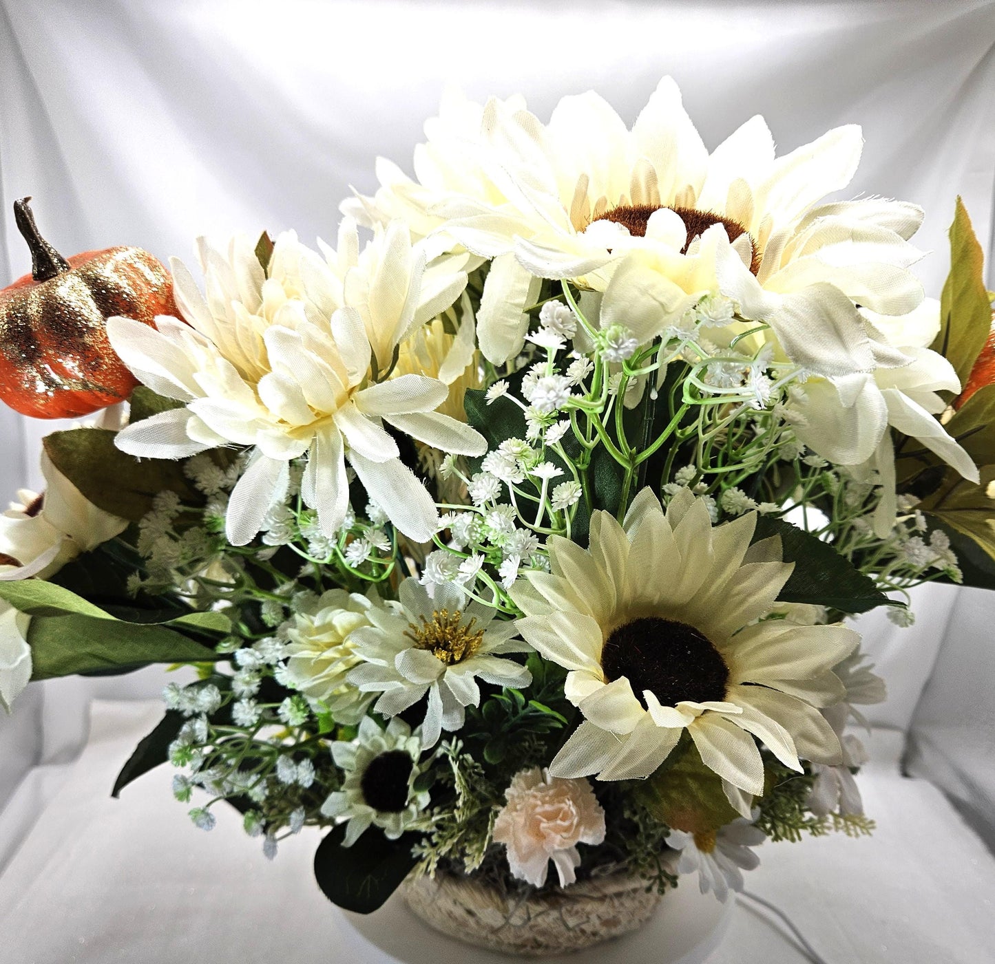 Cheerful Gray Gnome Sitting in Fall Garden of White Spider Mums/Sunflowers/Daisies/Pumpkinsa/Fall Leaves/Other Fall Accents/Woven Basket