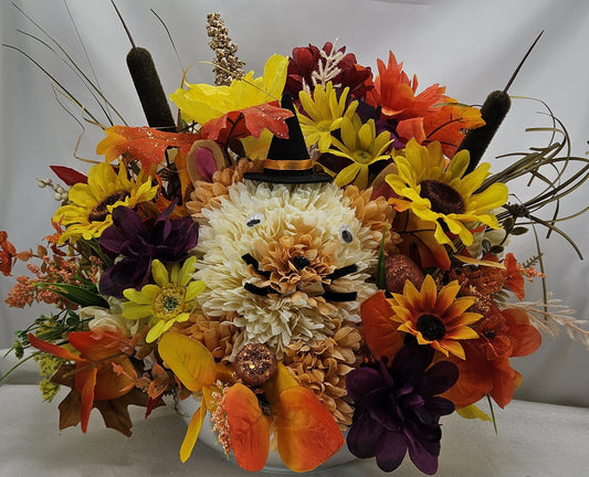 Autumn Flower Arrangement with "Happy Fall" Sign and Handmade Flower Puppy Dog Witch