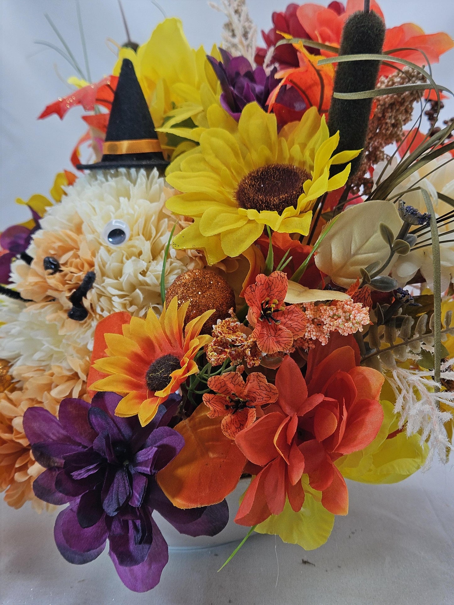 Autumn Flower Arrangement with "Happy Fall" Sign and Handmade Flower Puppy Dog Witch