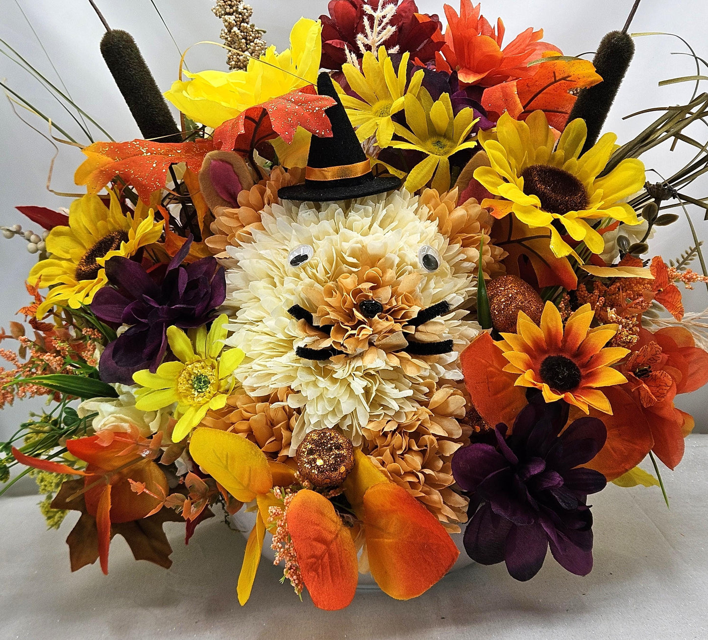 Autumn Flower Arrangement with "Happy Fall" Sign and Handmade Flower Puppy Dog Witch