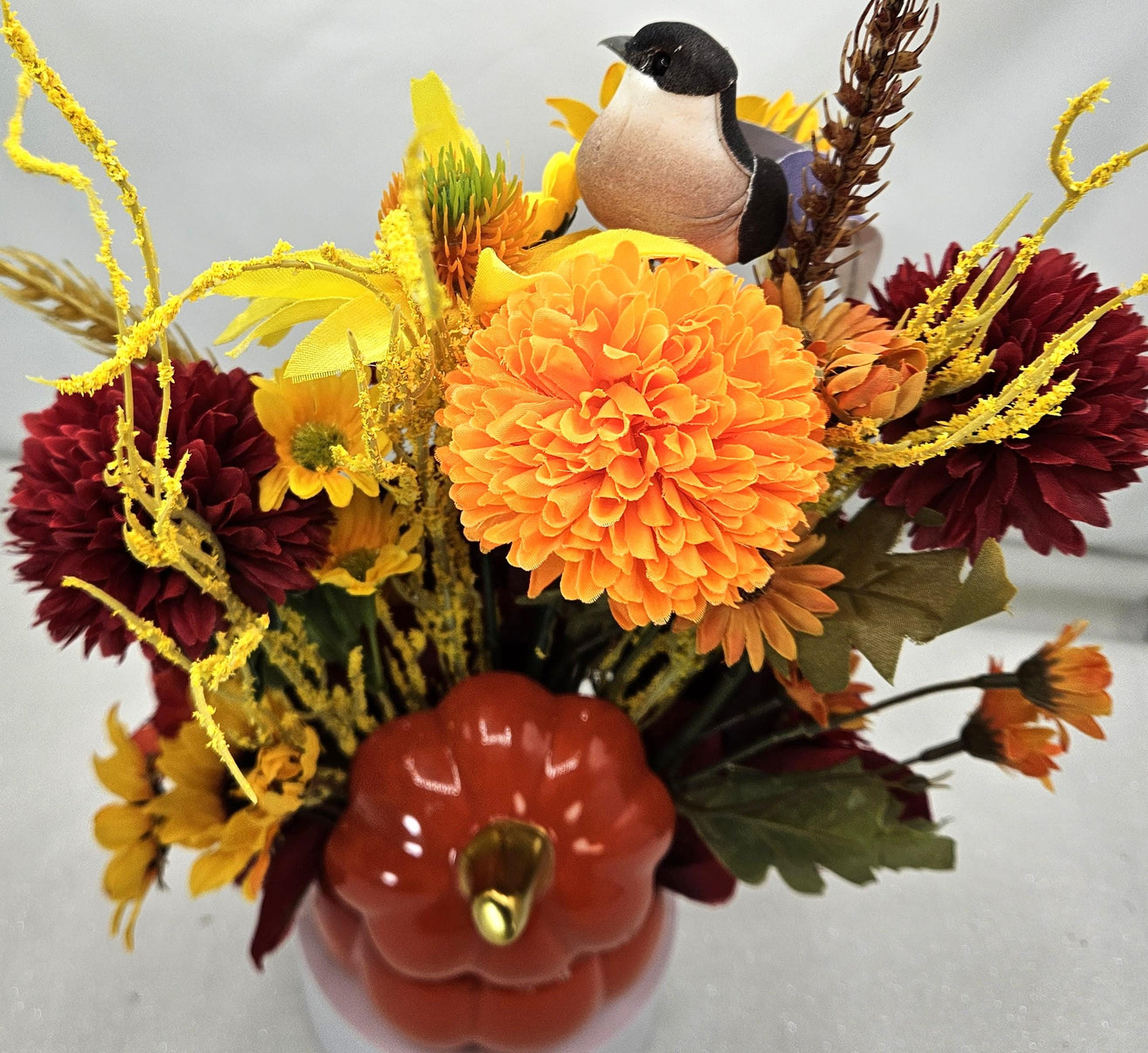 Fall Floral Arrangement with Bird: Ceramic Pumpkin or Acorn Bowl