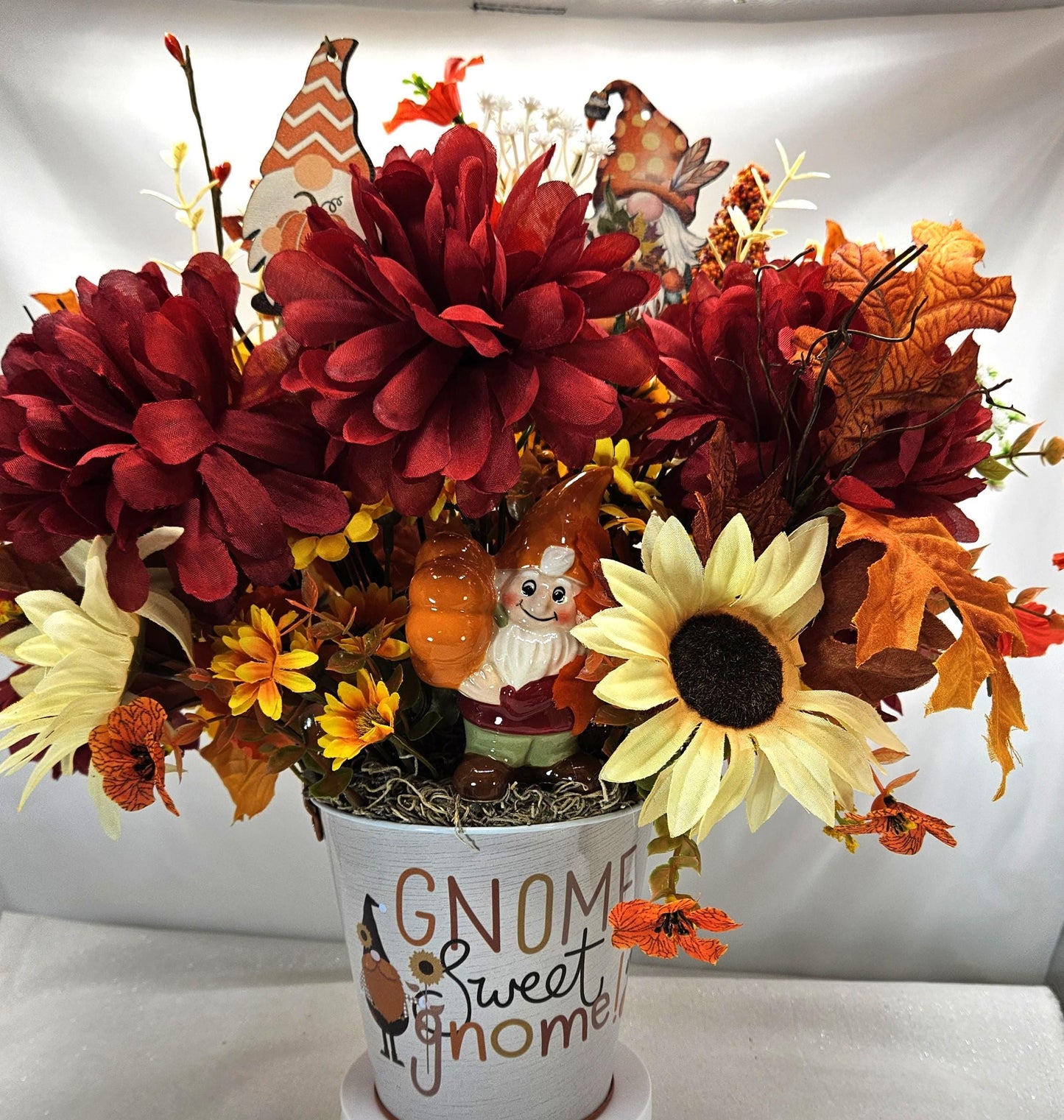 Gnome Fall Floral Arrangement: Sunflowers or Red Mums