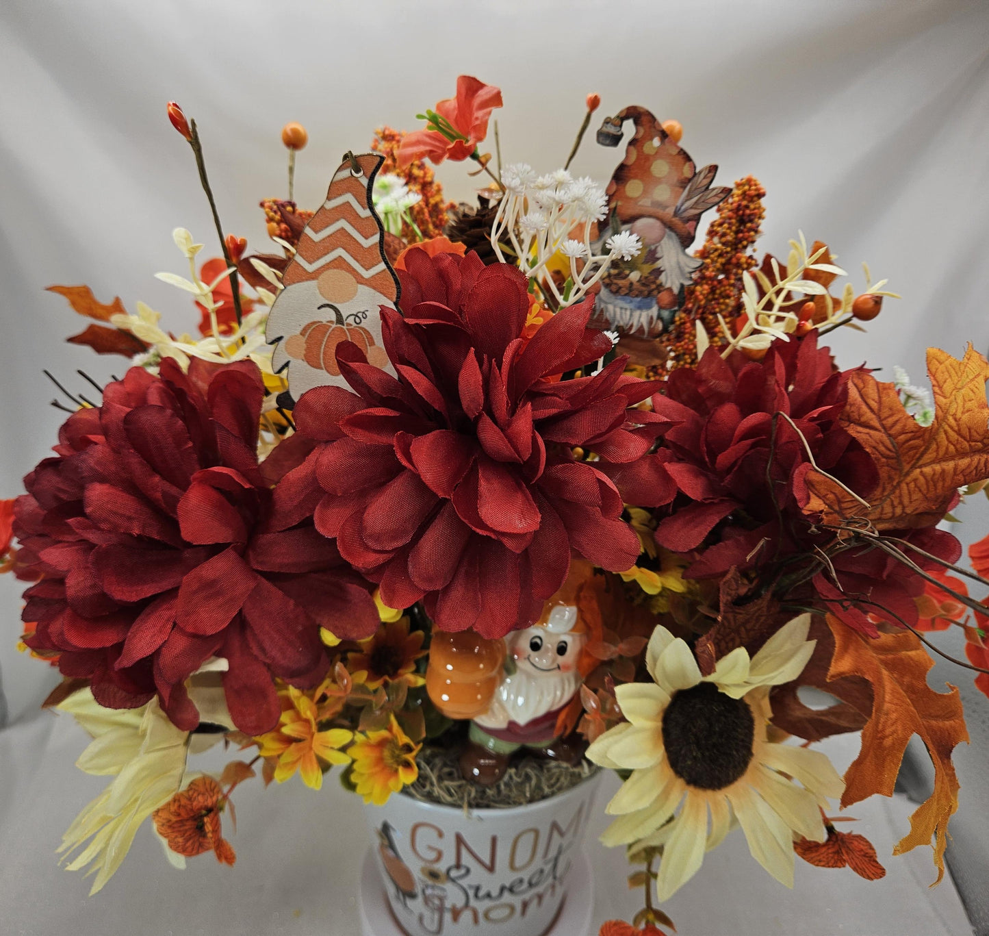 Gnome Fall Floral Arrangement: Sunflowers or Red Mums