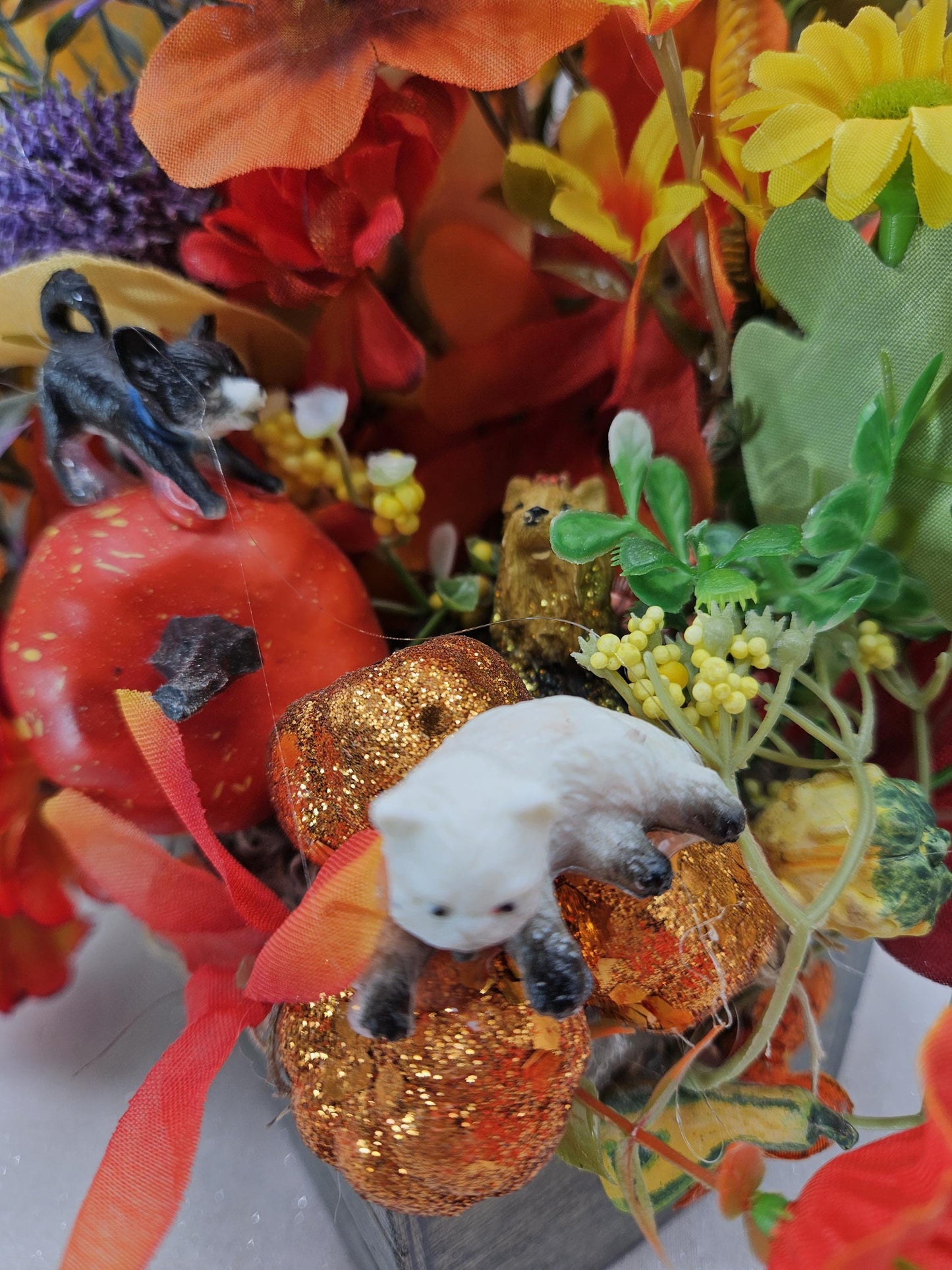 Yorkie Dog Fall Flower Arrangement: Pumpkin Patch Wooden Crate