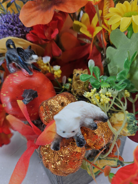 Yorkie Dog Fall Flower Arrangement: Pumpkin Patch Wooden Crate