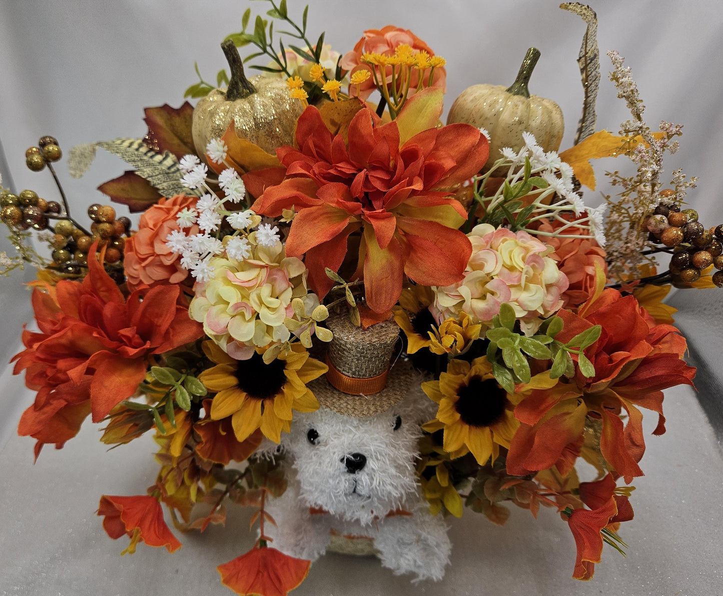 Fall Flower Arrangement with White Dog in Woven Basket: Autumn Decor