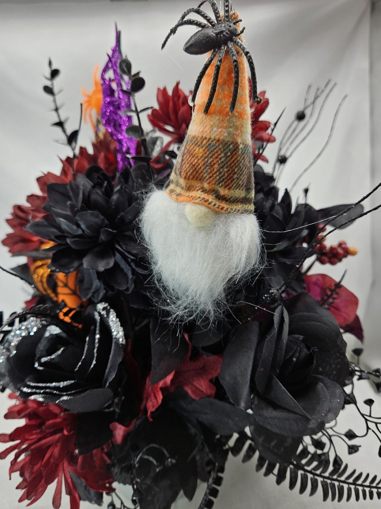 Eerie Halloween Floral Arrangement: Dracula Bowl, Gnomes & Spiders