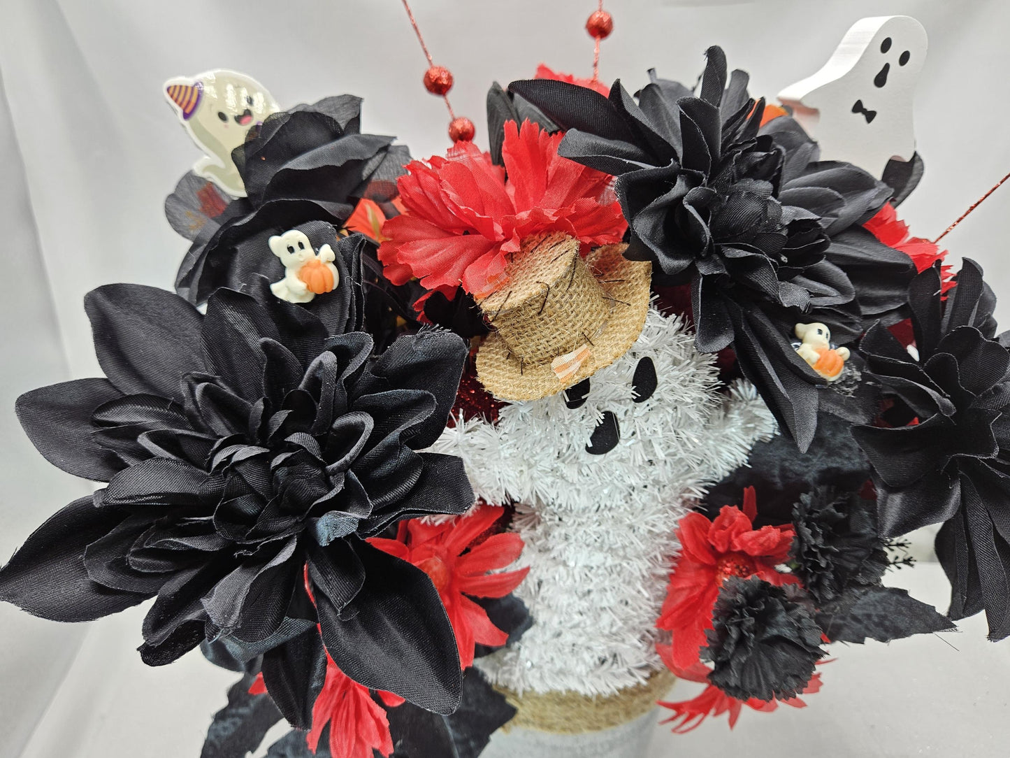 Halloween Floral Arrangement: Ghost, Black Dahlias, Red Daisies in Silver Tin