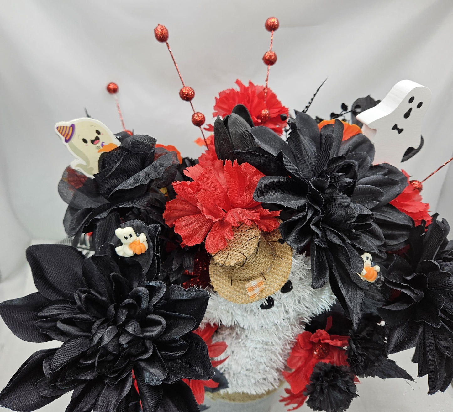 Halloween Floral Arrangement: Ghost, Black Dahlias, Red Daisies in Silver Tin