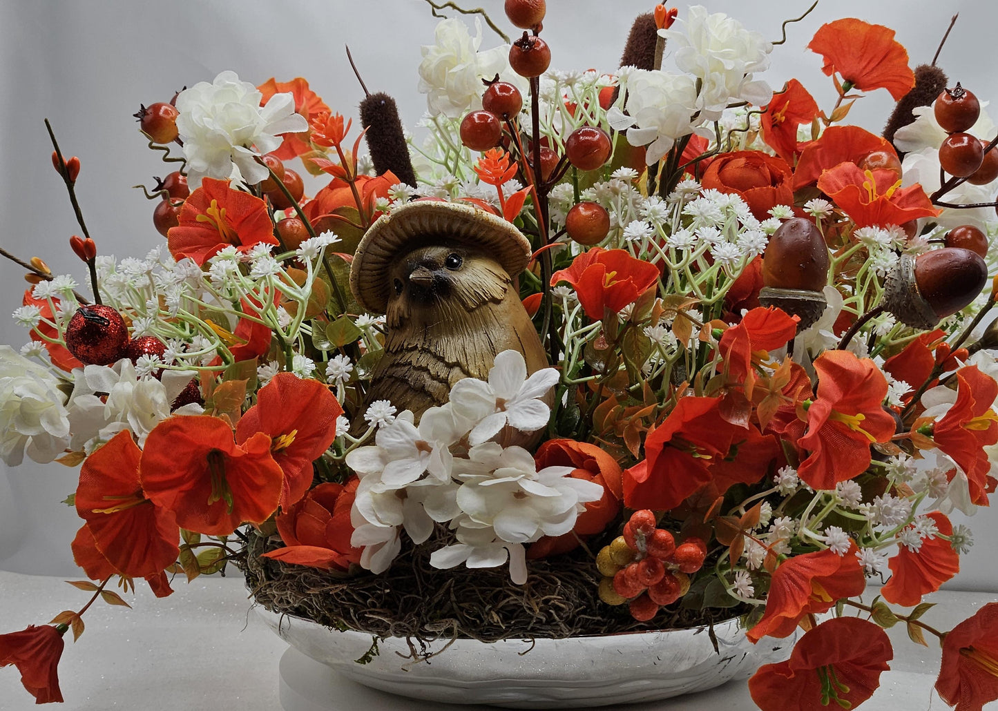 Pumpkin Floral Arrangement: Autumn Bird Garden Centerpiece